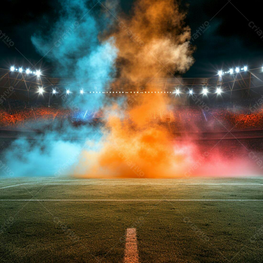 Estádio com fumaça azul e laranja