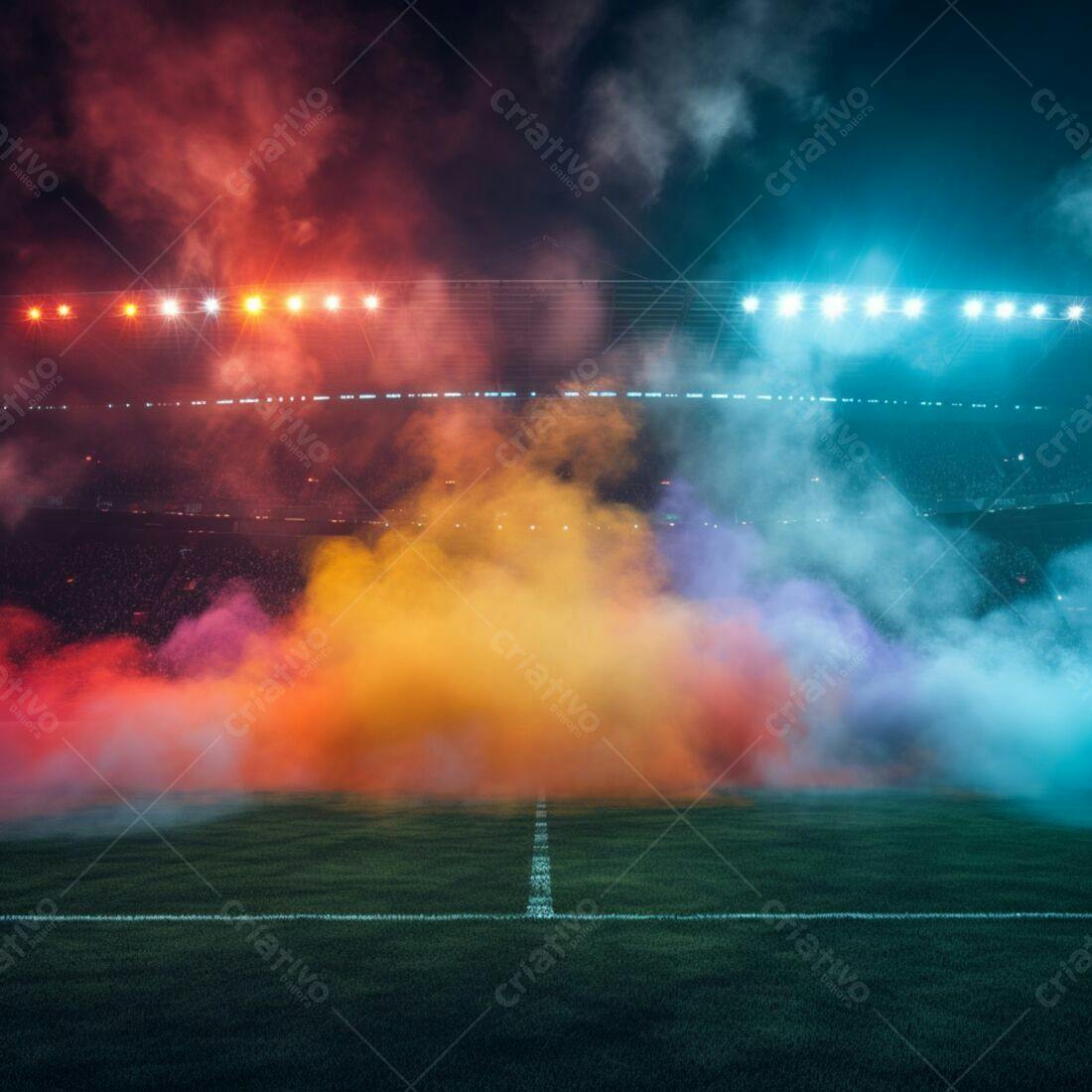 Estádio com fumaça colorida à noite