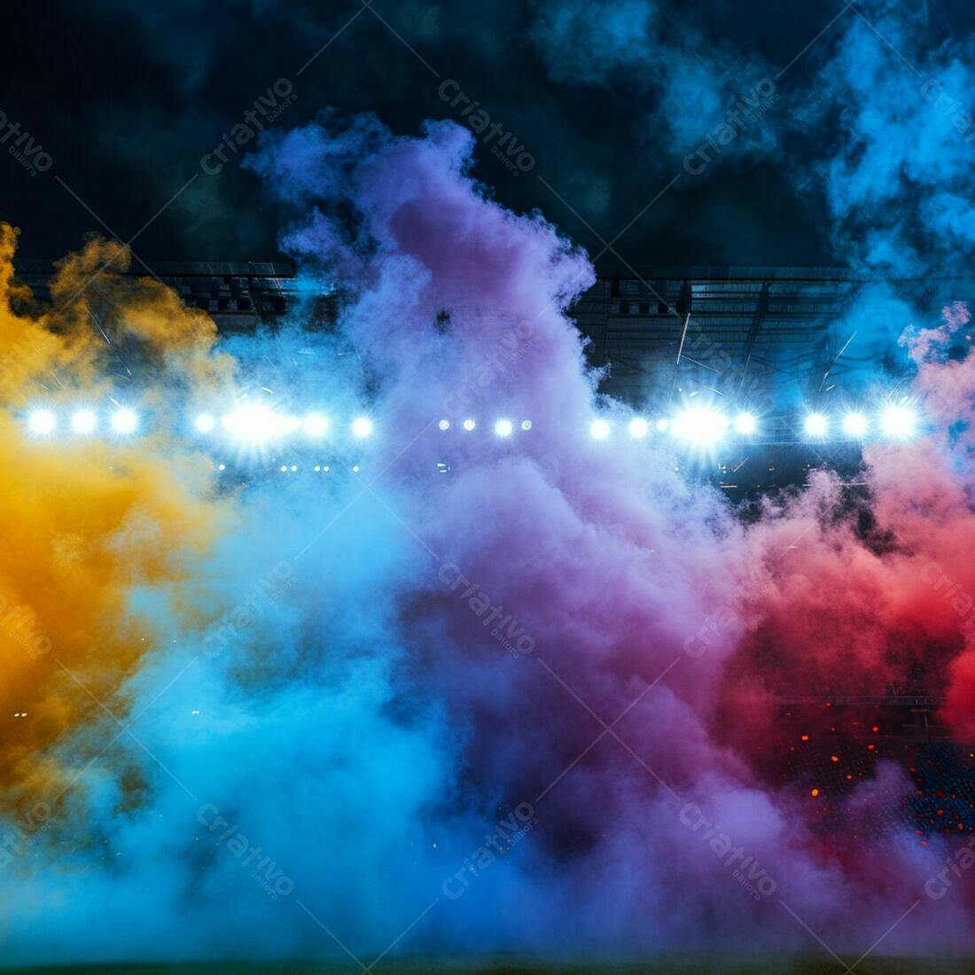 Fumaça colorida em estádio iluminado