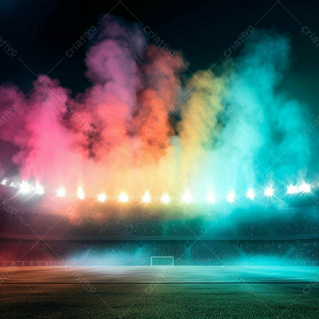 Estádio com fumaça colorida e luzes