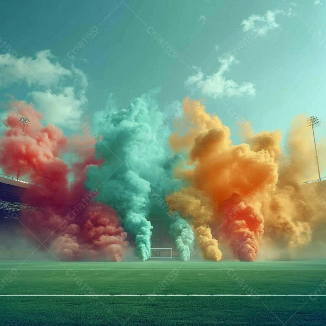 Explosão de fumaça colorida em estádio