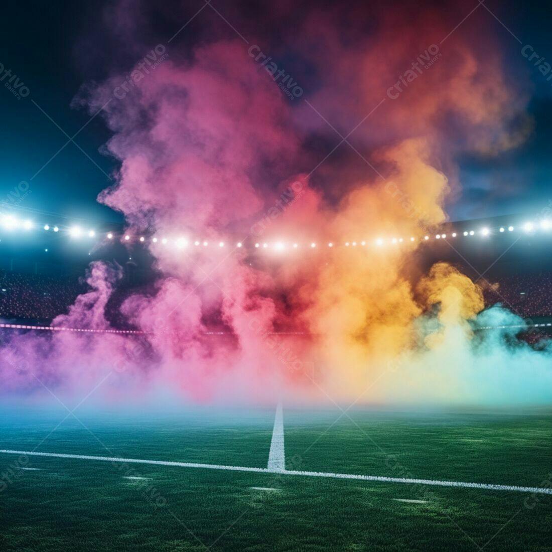 Estádio com fumaça colorida e luzes