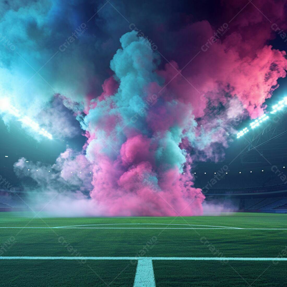 Campo de futebol com fumaça rosa e azul
