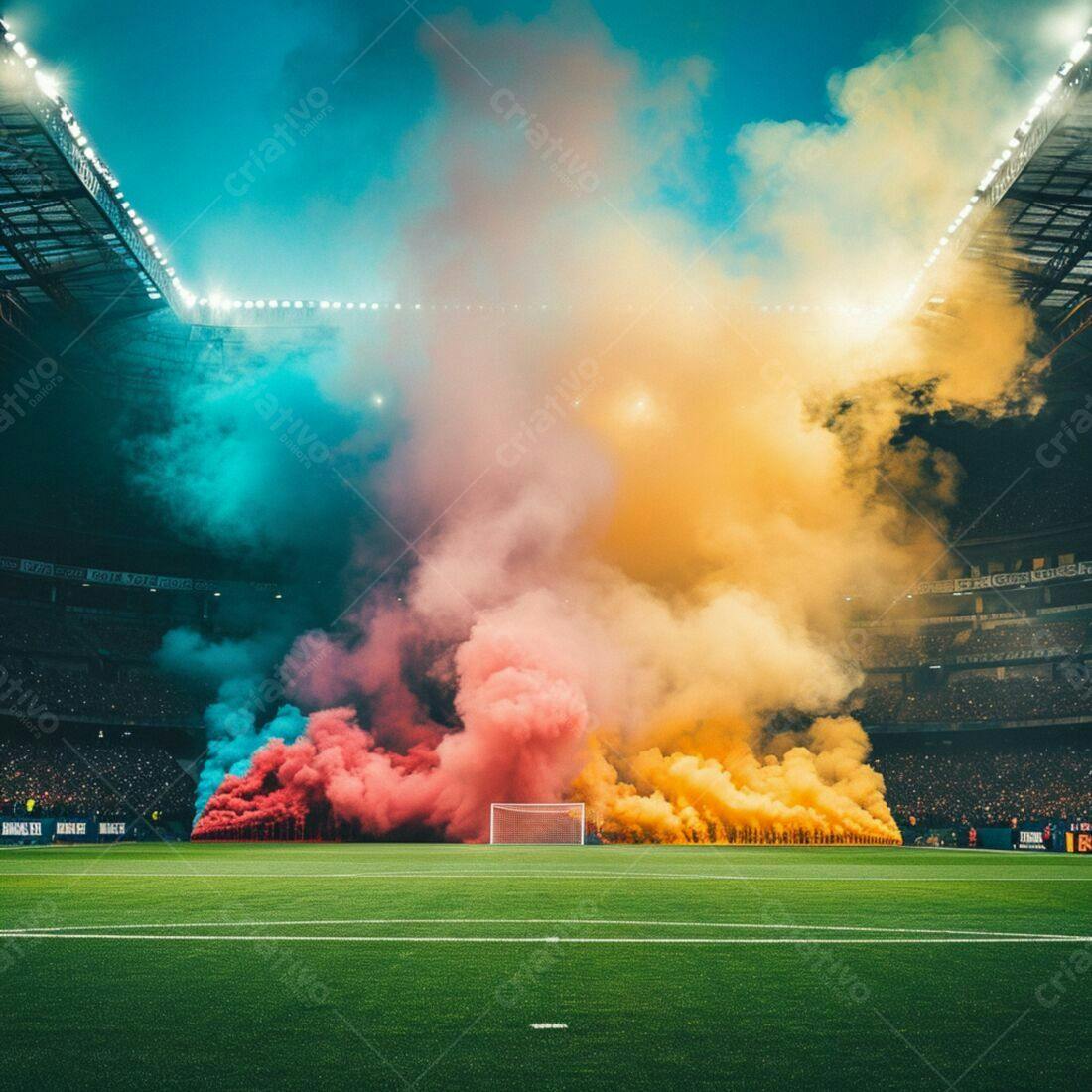 Estádio com fumaça colorida em jogo de futebol