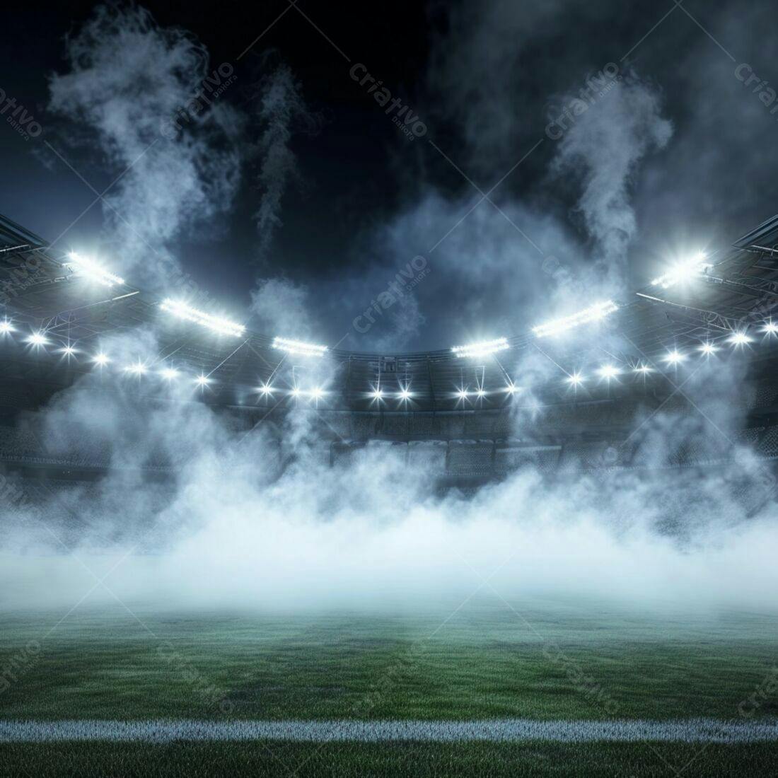 Estádio de futebol noturno com neblina