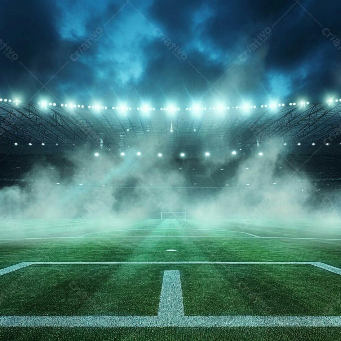Campo de futebol noturno com névoa