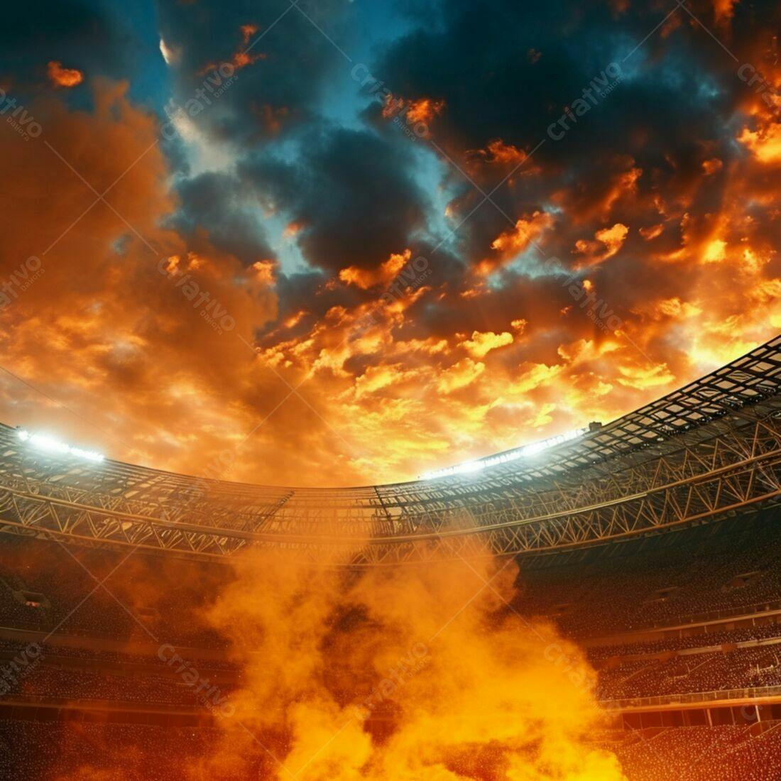 Estádio lotado ao entardecer com fumaça laranja