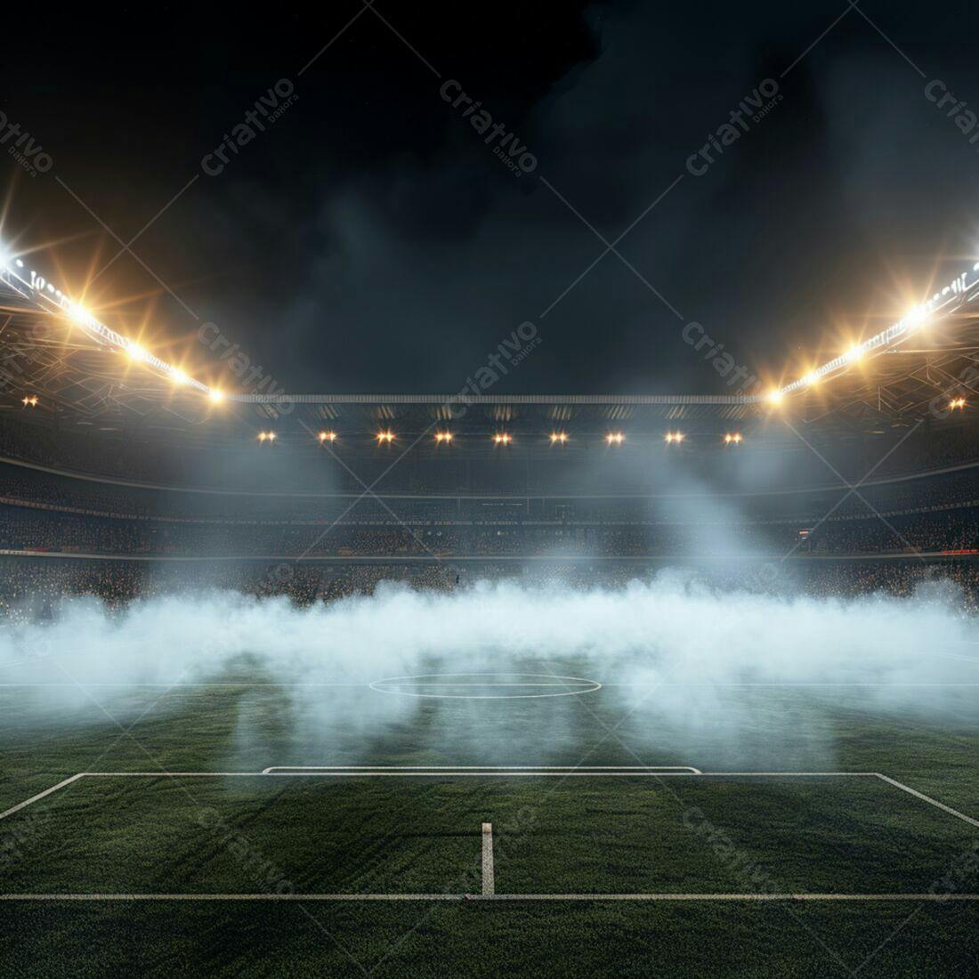 Estádio de futebol noturno com névoa