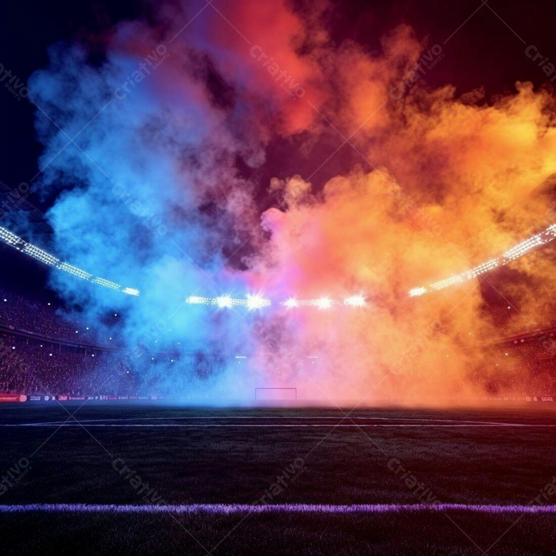 Estádio de futebol com fumaça azul e laranja