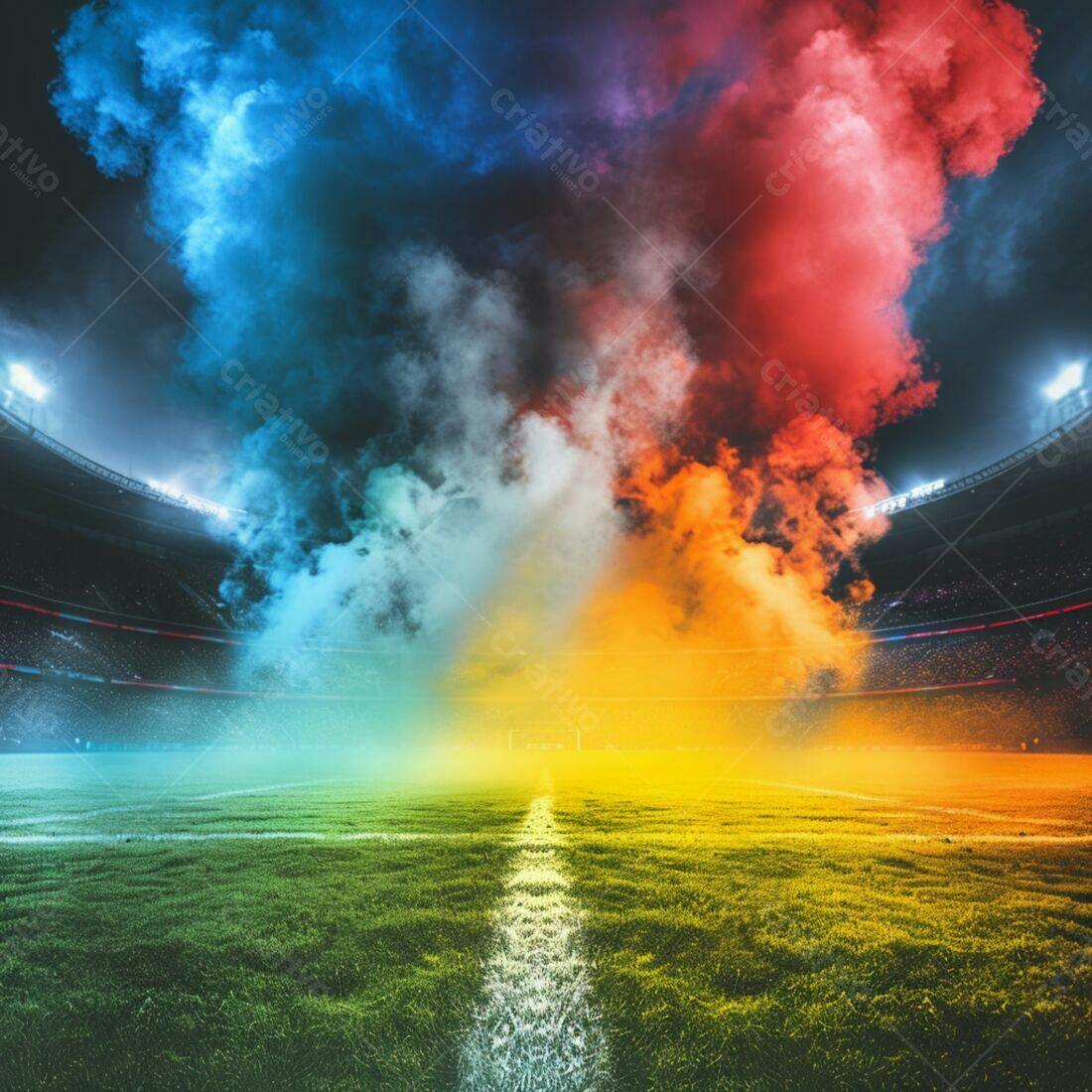 Estádio de futebol com fumaça colorida