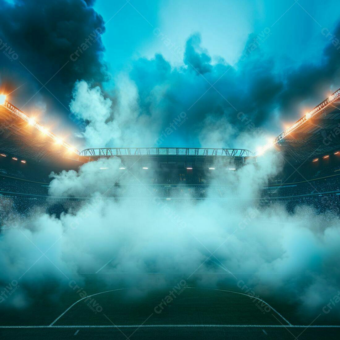 Estádio de futebol com fumaça azul noturna