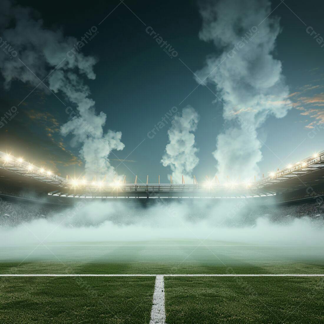 Estádio de futebol noturno com névoa