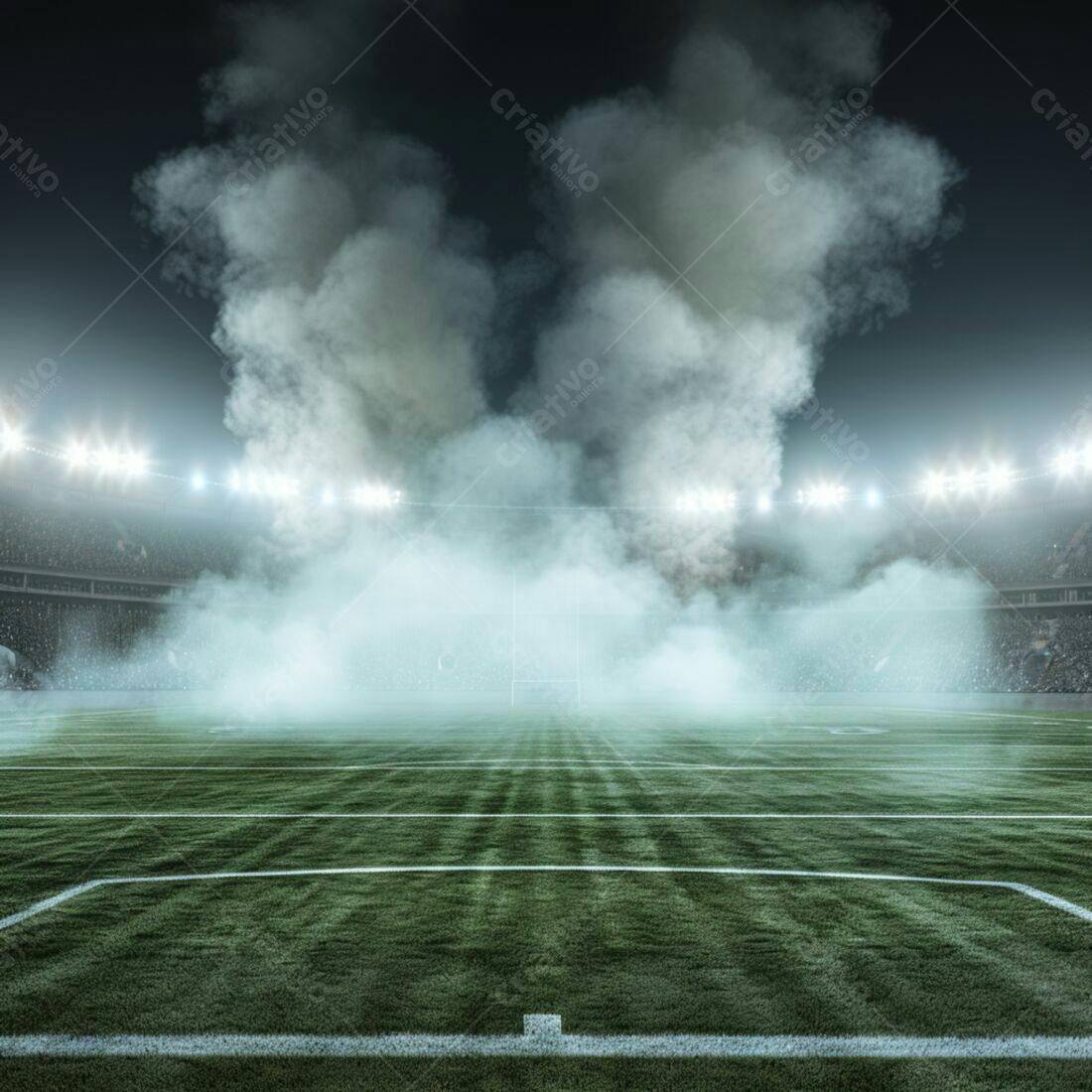 Campo de futebol americano com fumaça noturna