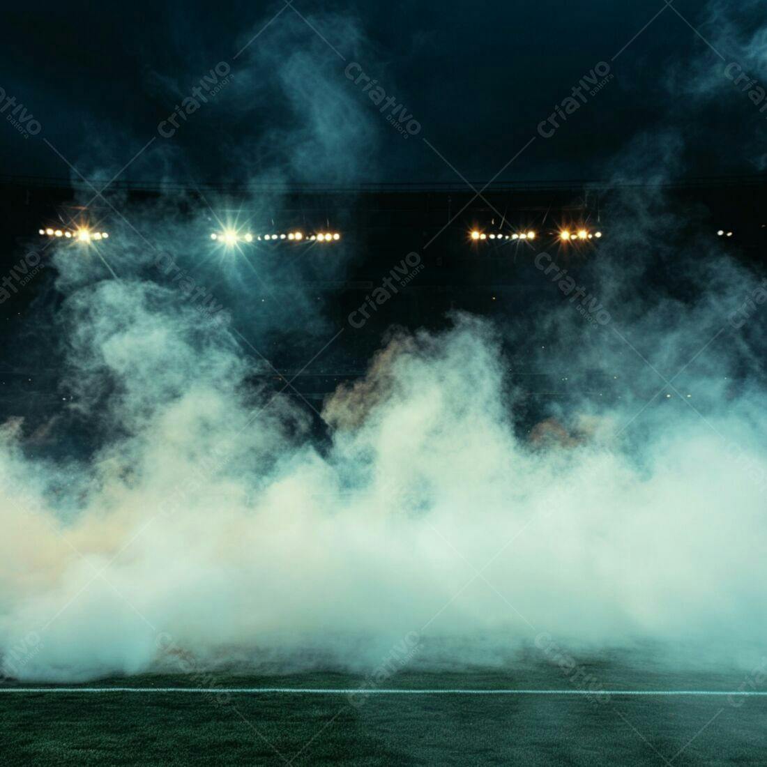 Campo de futebol com fumaça e luzes