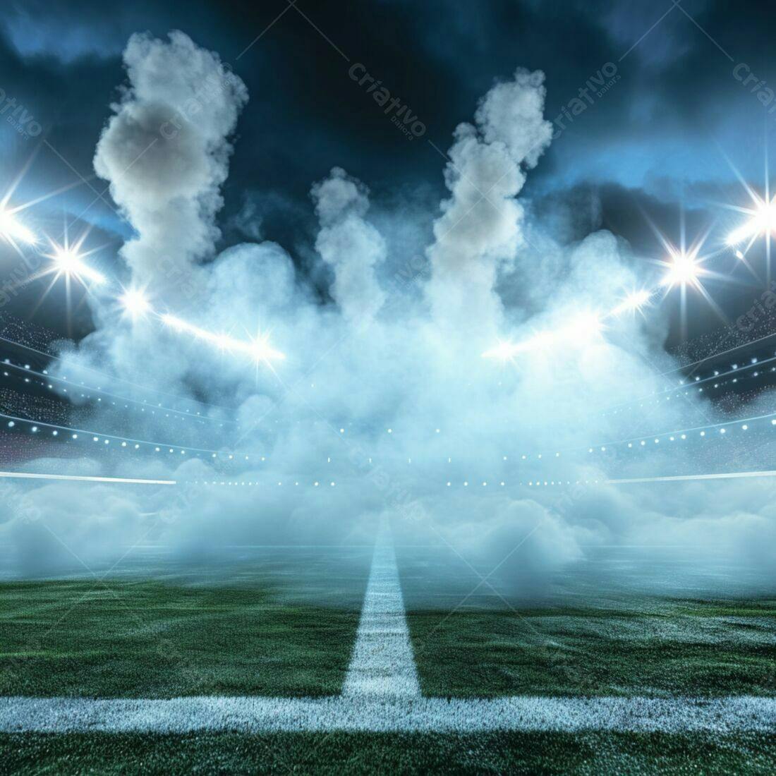 Campo de futebol com fumaça e luzes noturnas