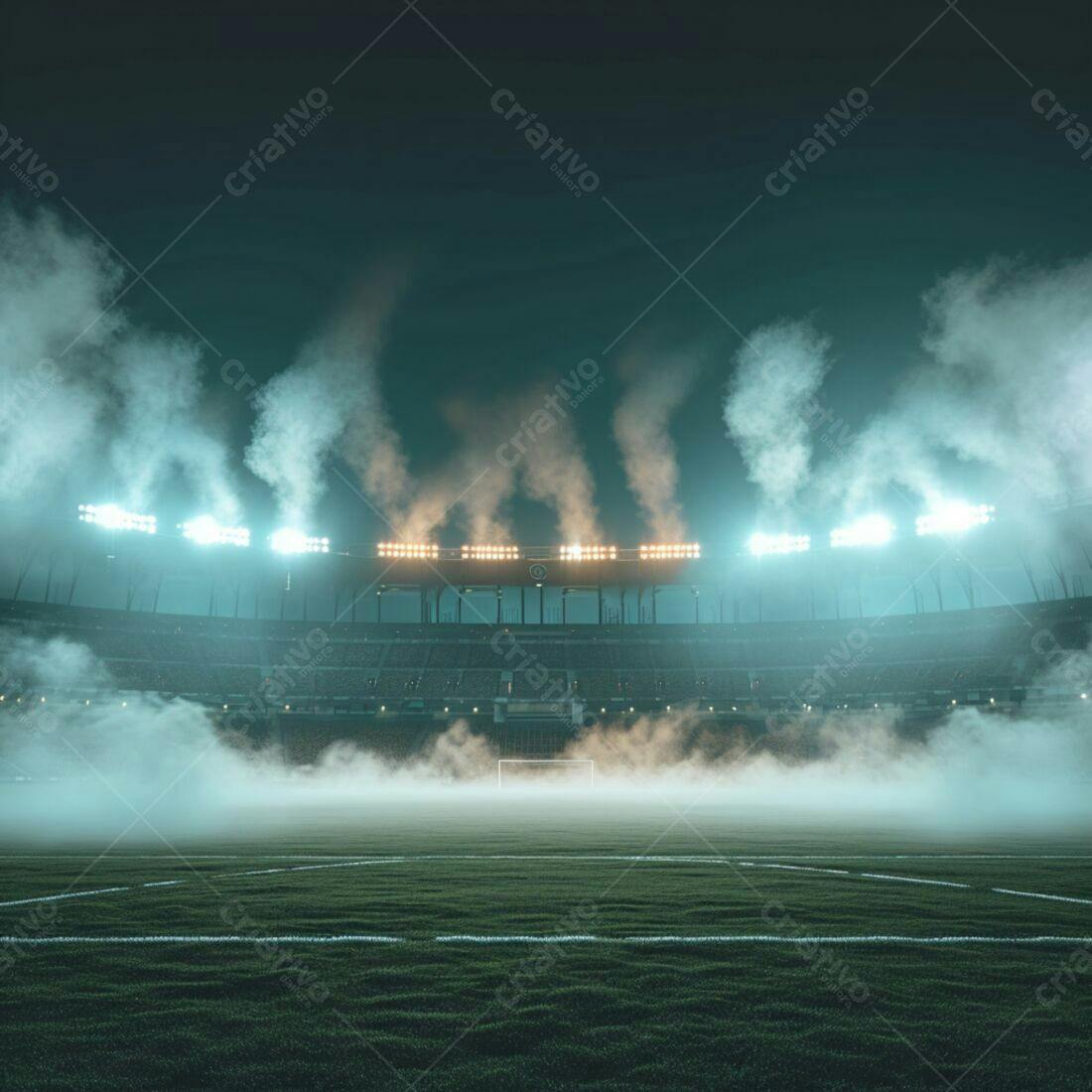 Estádio de futebol noturno com neblina