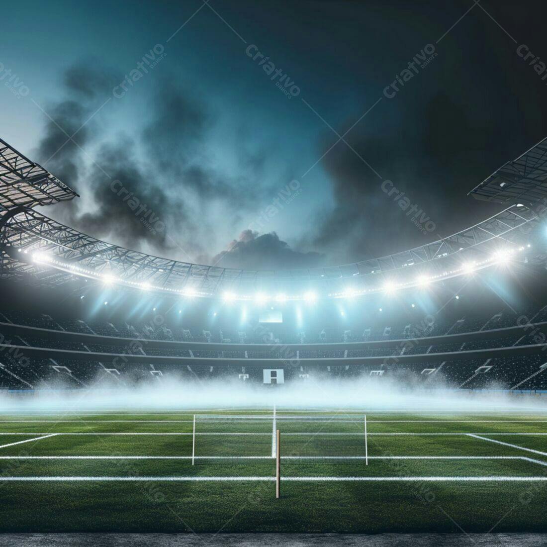 Estádio de futebol noturno com névoa