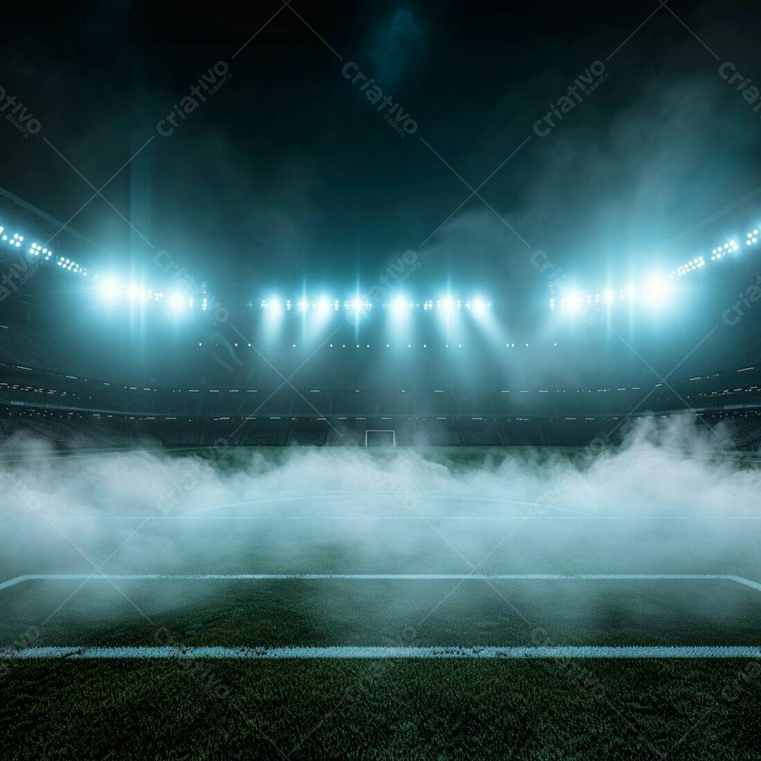 Estádio de futebol noturno com neblina