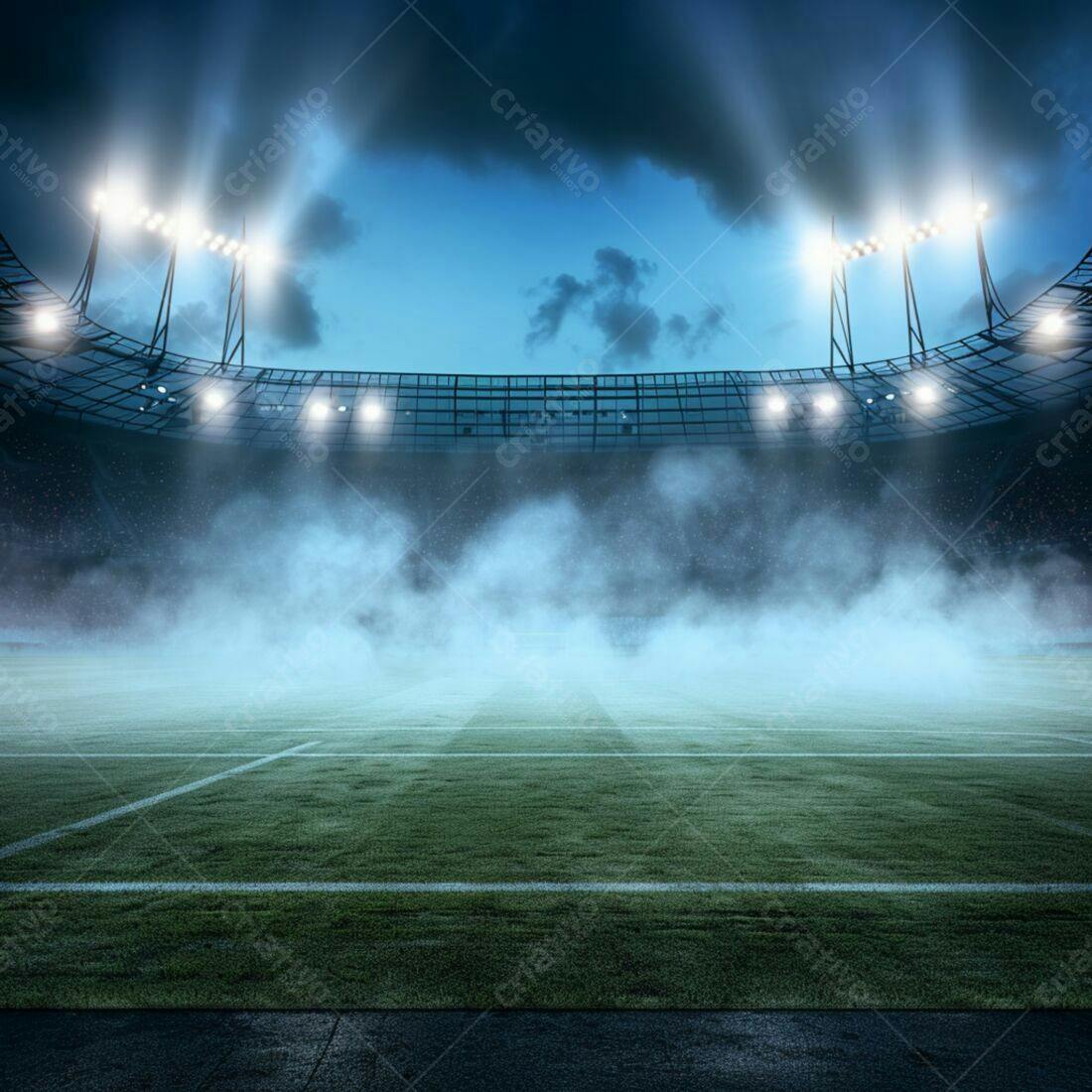 Estádio de futebol noturno com neblina