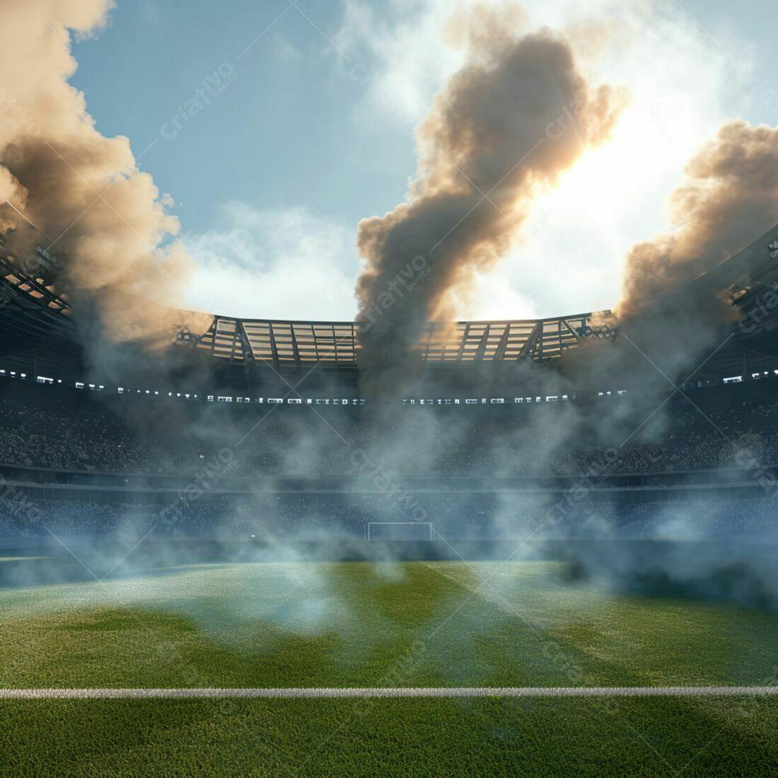 Estádio de futebol com fumaça e torcedores