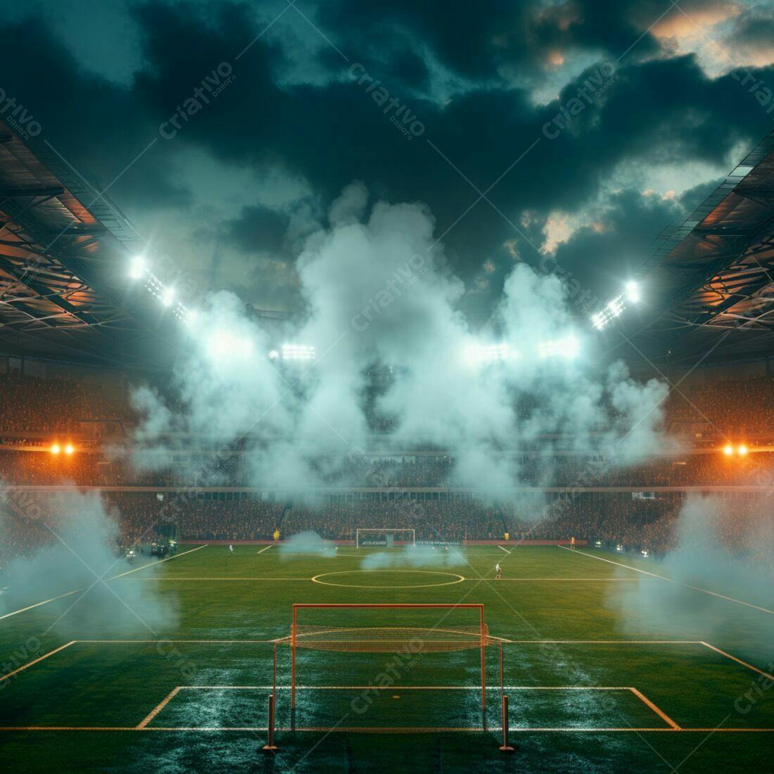 Estádio de futebol com fumaça e torcedores