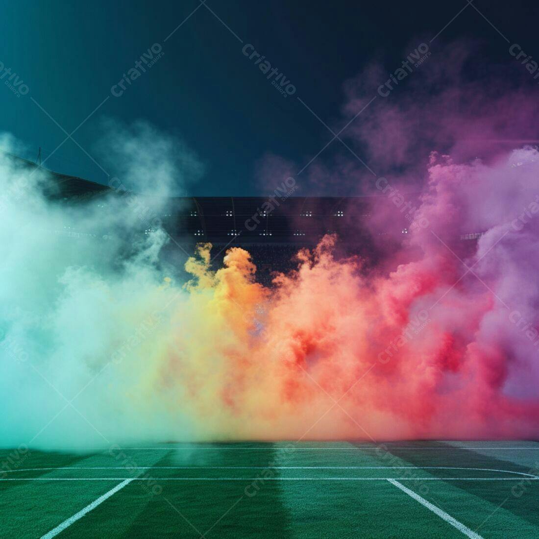 Fumaça colorida em campo de futebol