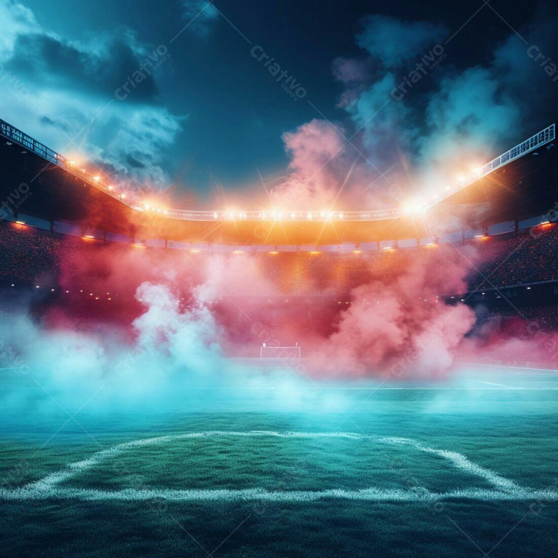 Estádio de futebol noturno com fumaça colorida