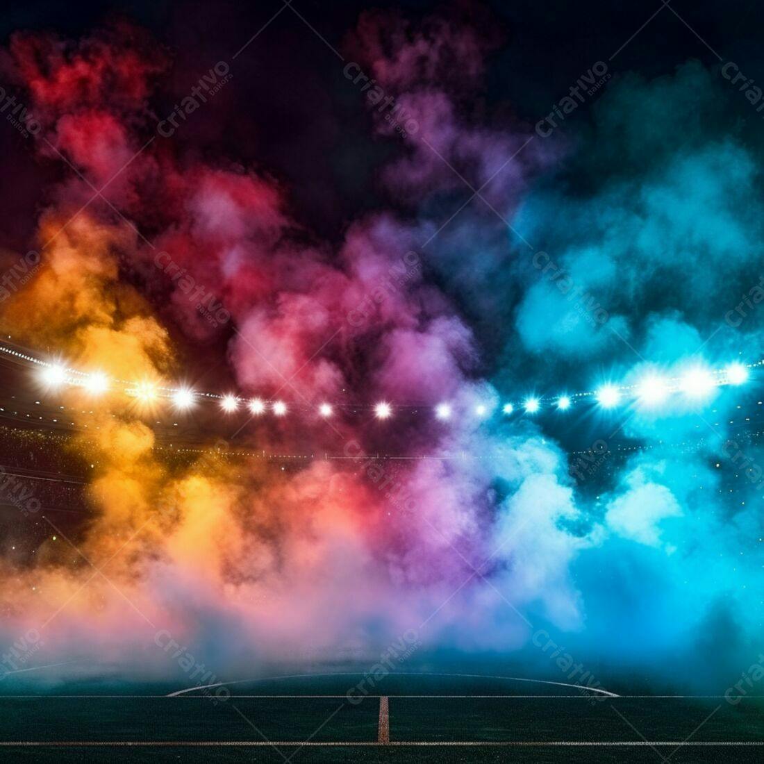 Estádio com fumaça colorida e luzes