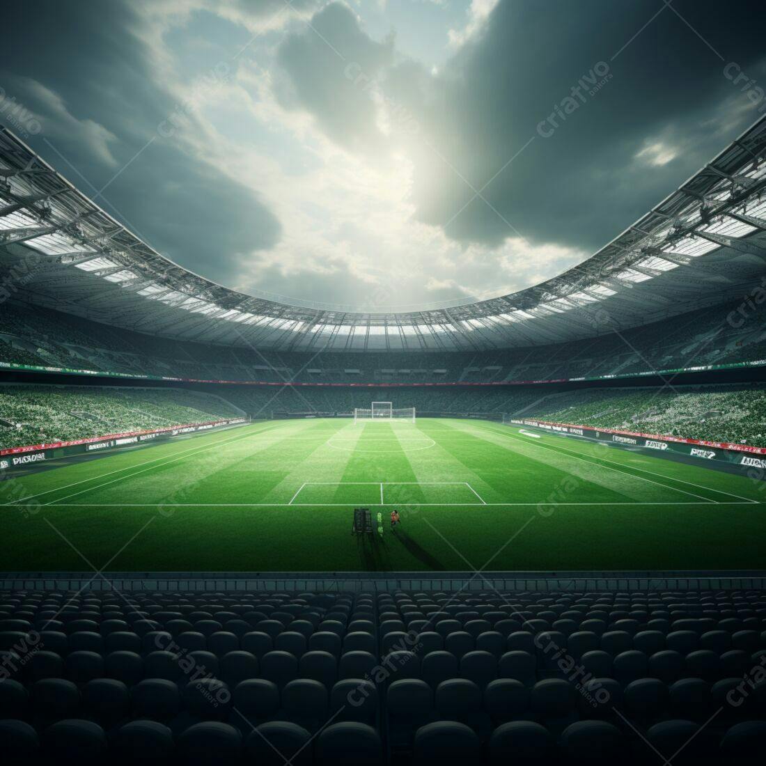Estádio de futebol vazio sob céu nublado