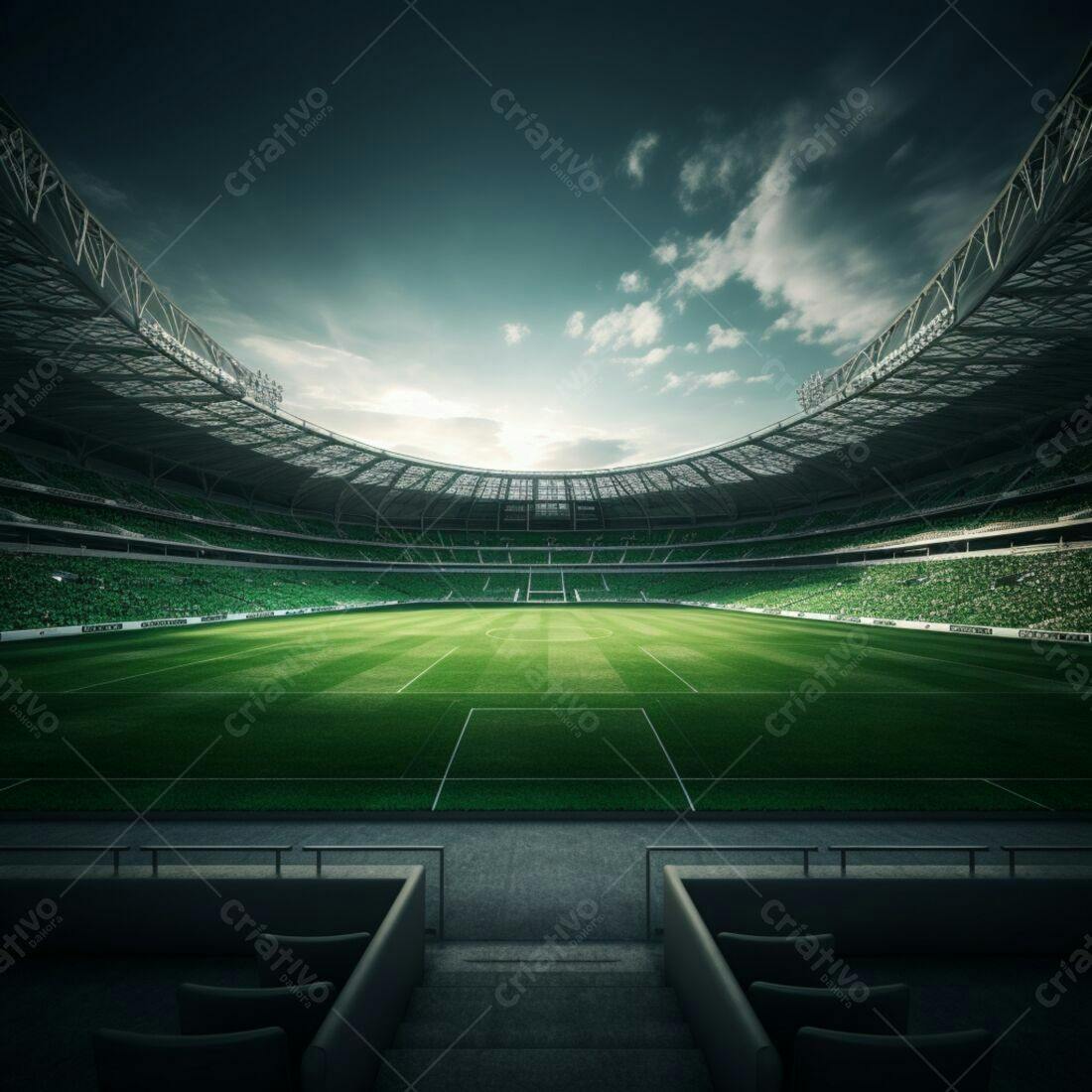 Estádio de futebol vazio sob céu nublado