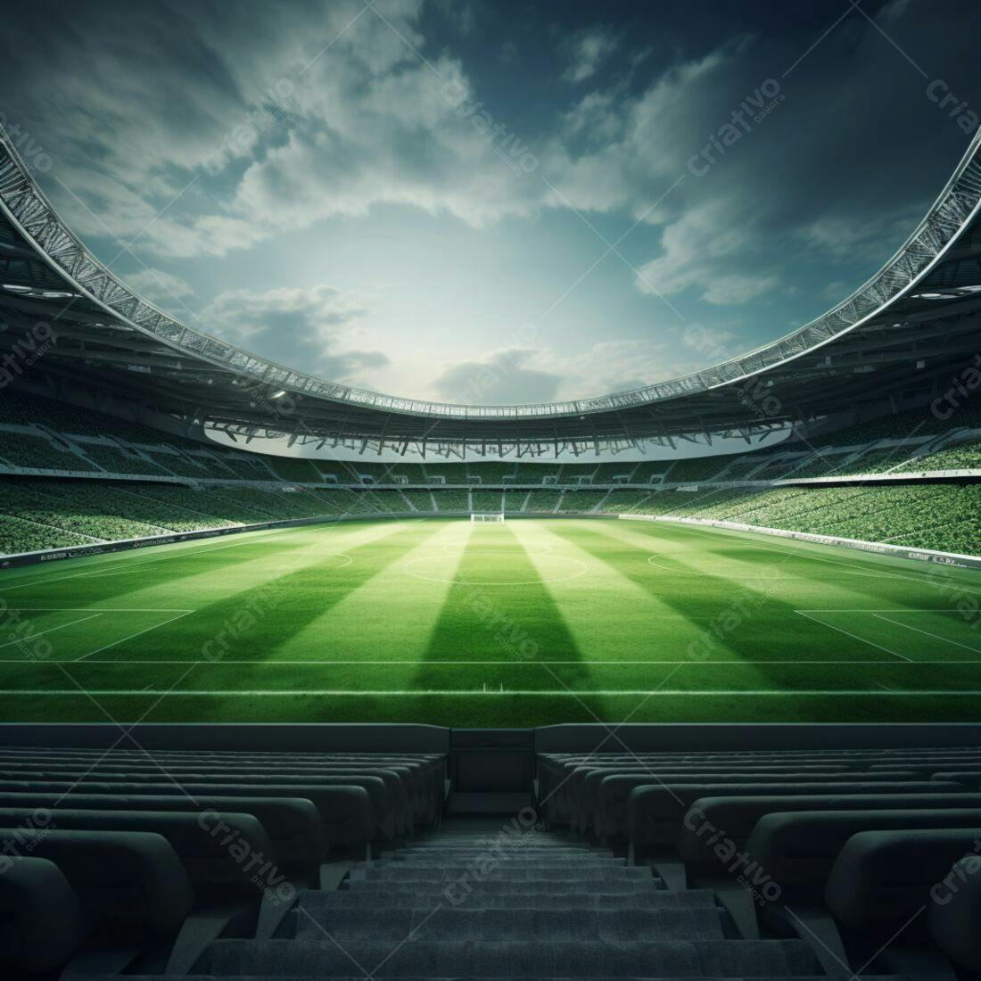Estádio de futebol vazio sob céu nublado