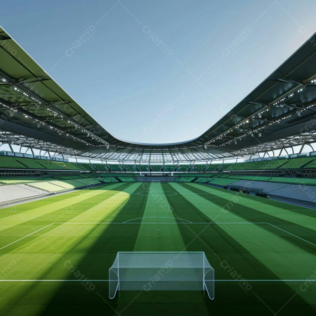 Estádio de futebol vazio sob sol claro