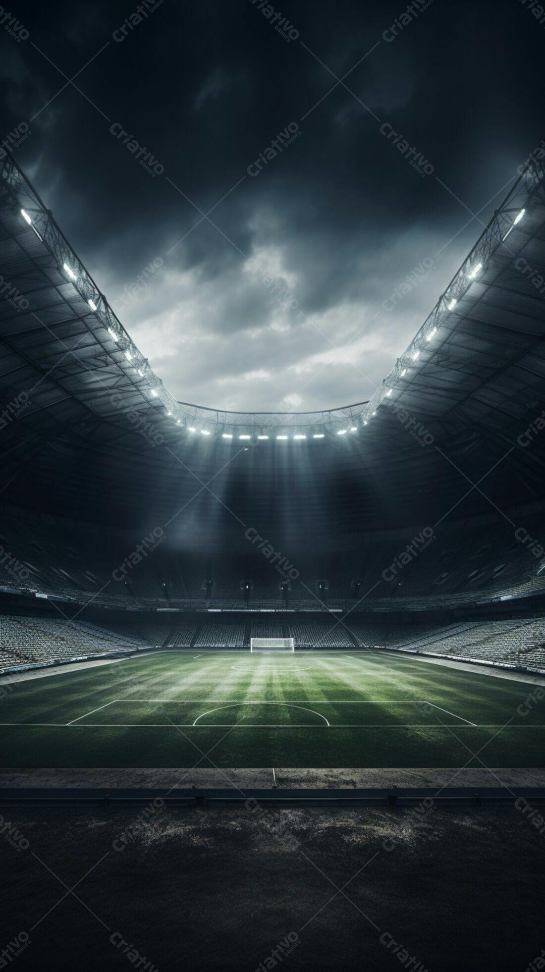 Estádio de futebol vazio sob céu nublado