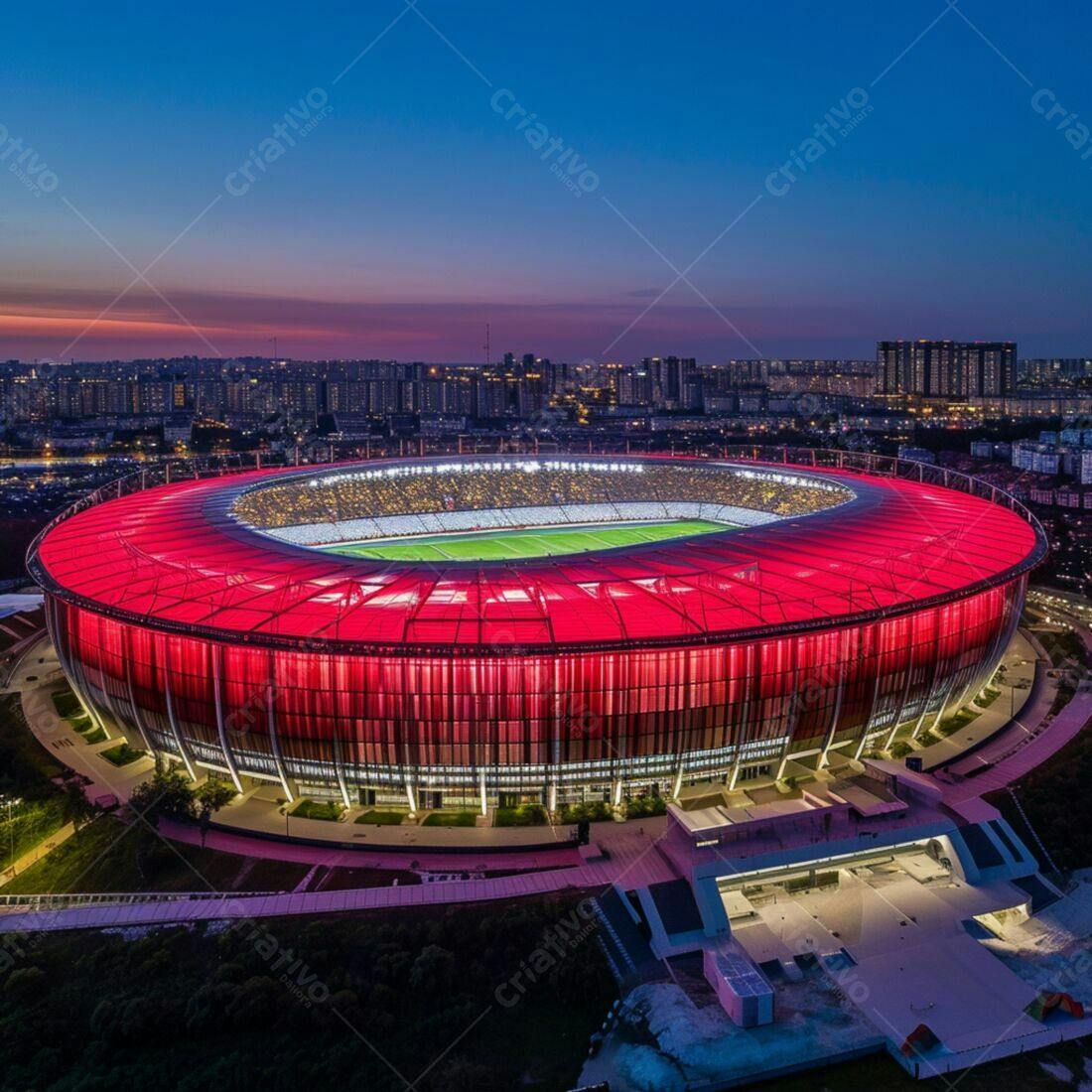 Estádio iluminado à noite em tons vermelhos