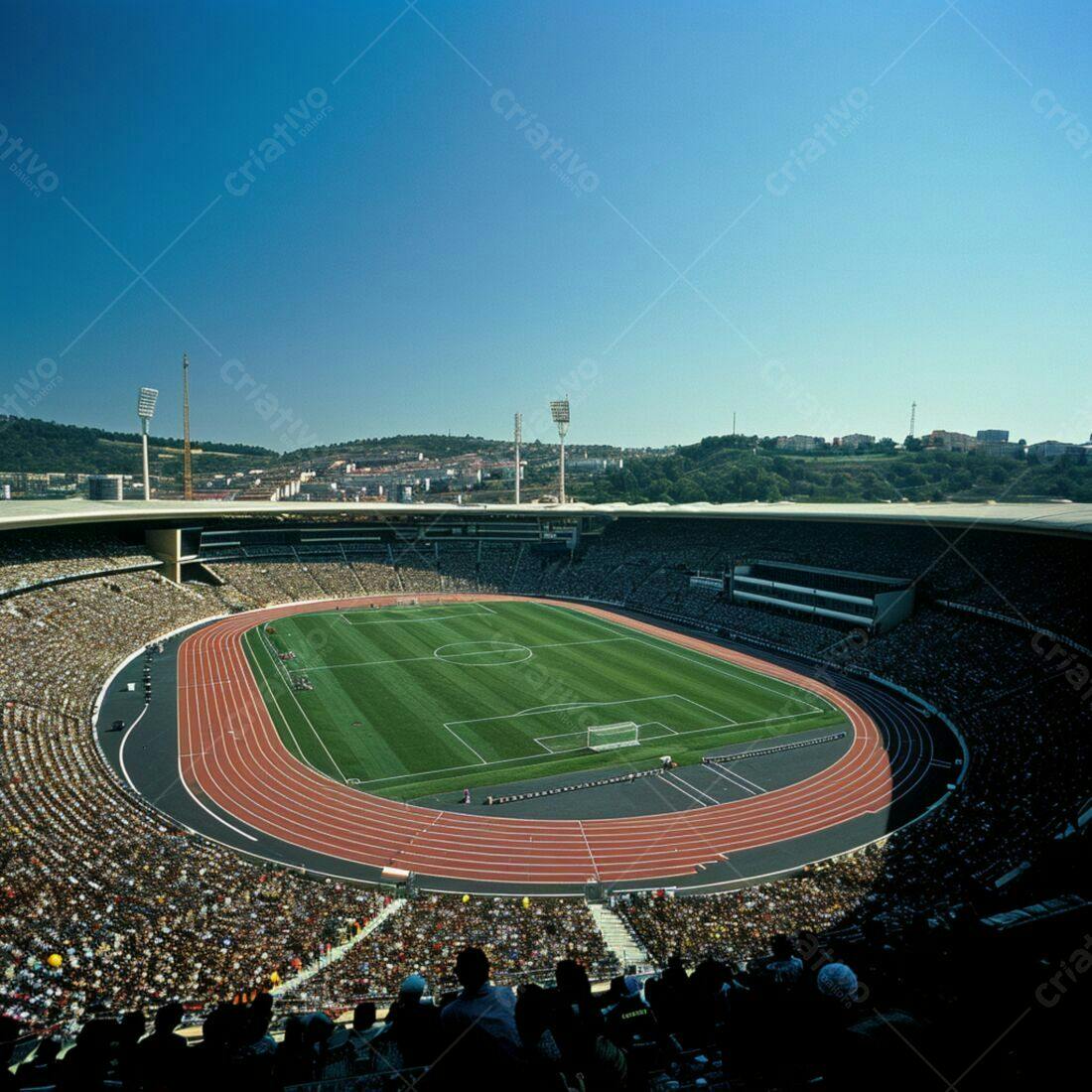 Estádio lotado com pista de atletismo e campo de futebol