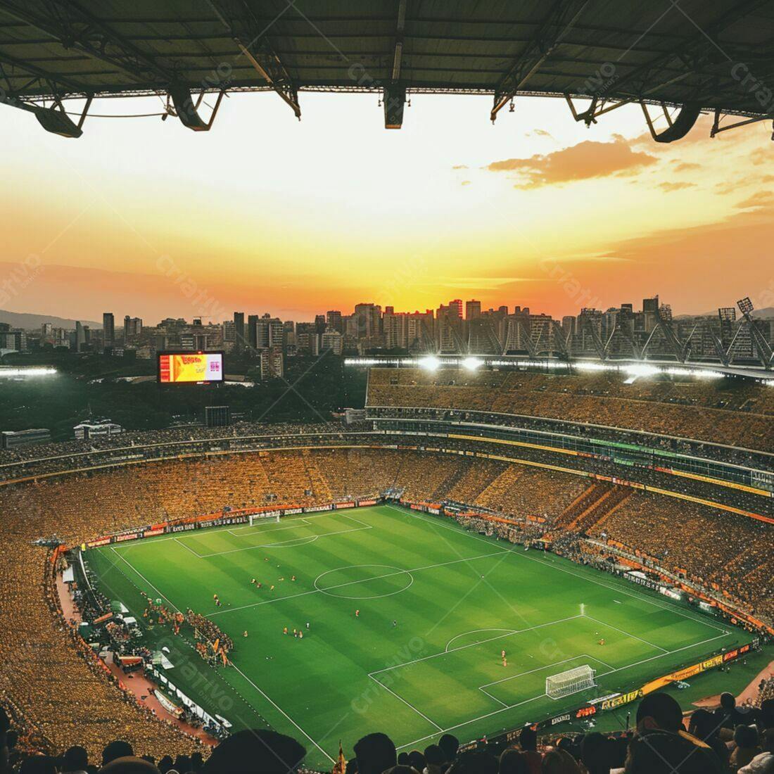 Estádio lotado ao pôr do sol