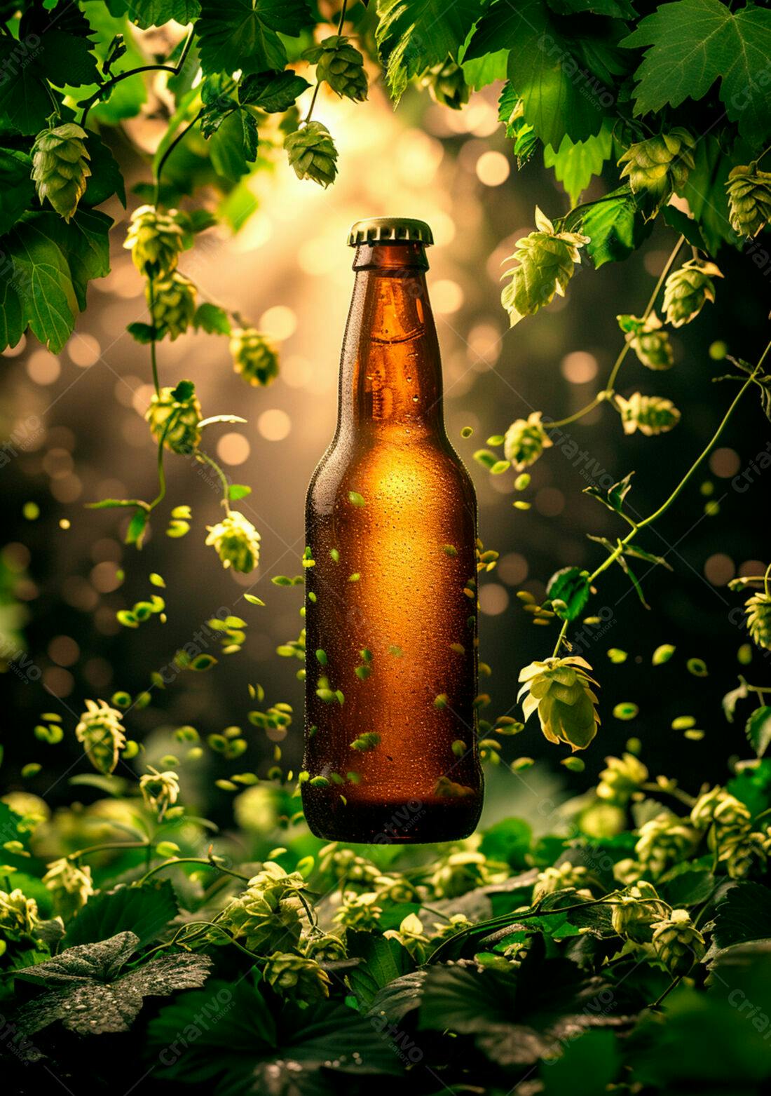 Garrafa de cerveja artesanal entre lúpulos