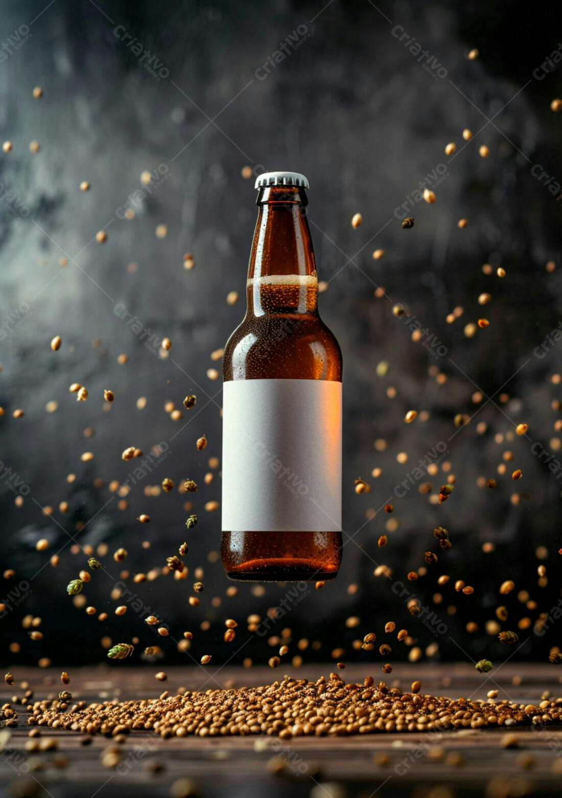 Garrafa de cerveja suspensa com grãos