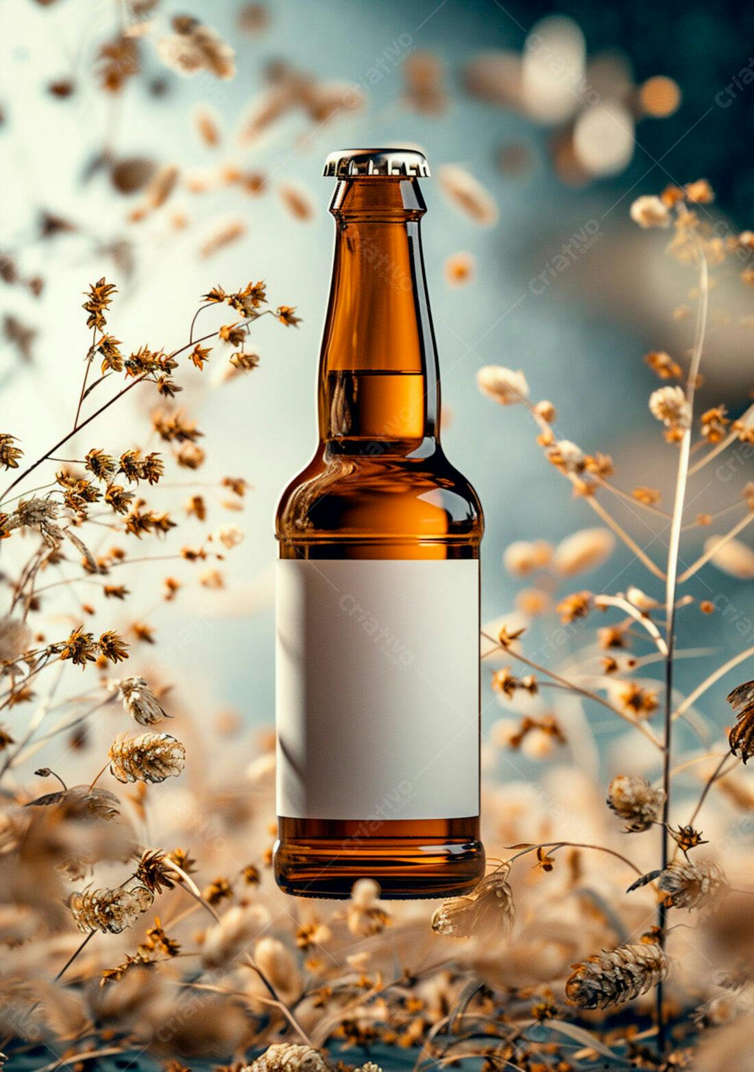 Garrafa de cerveja artesanal em campo seco