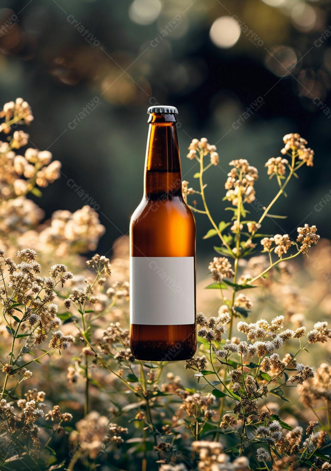 Garrafa de cerveja em campo florido