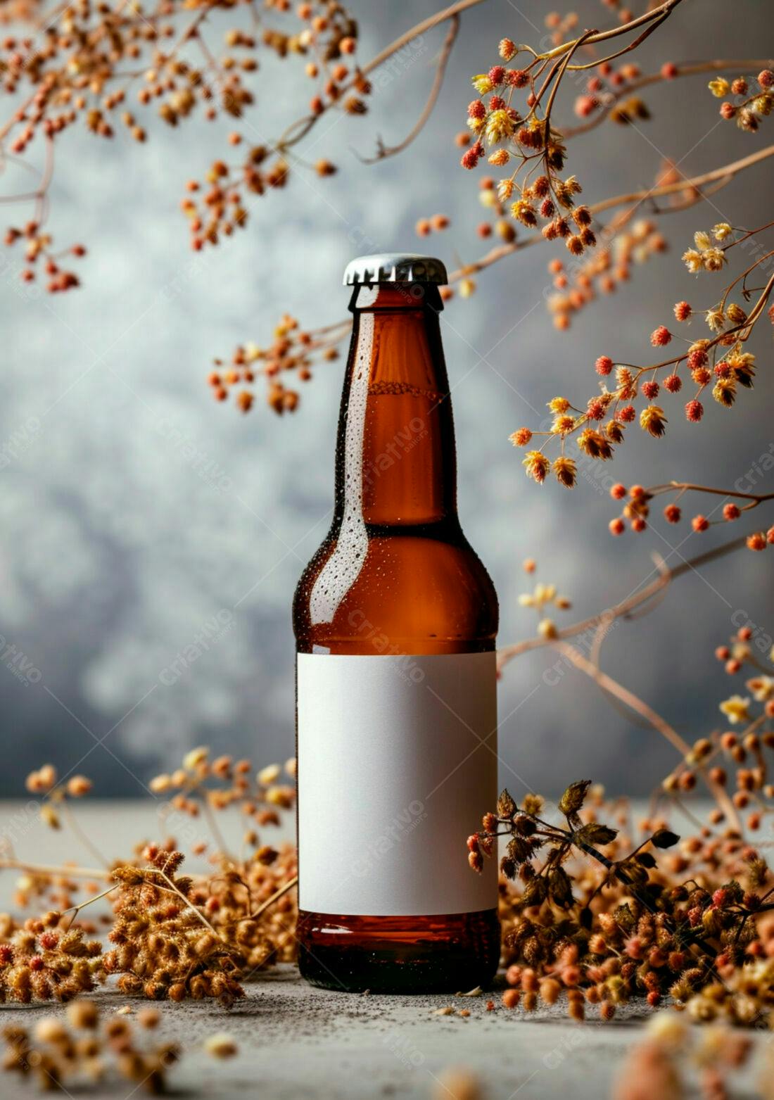 Garrafa de cerveja marrom com rótulo branco