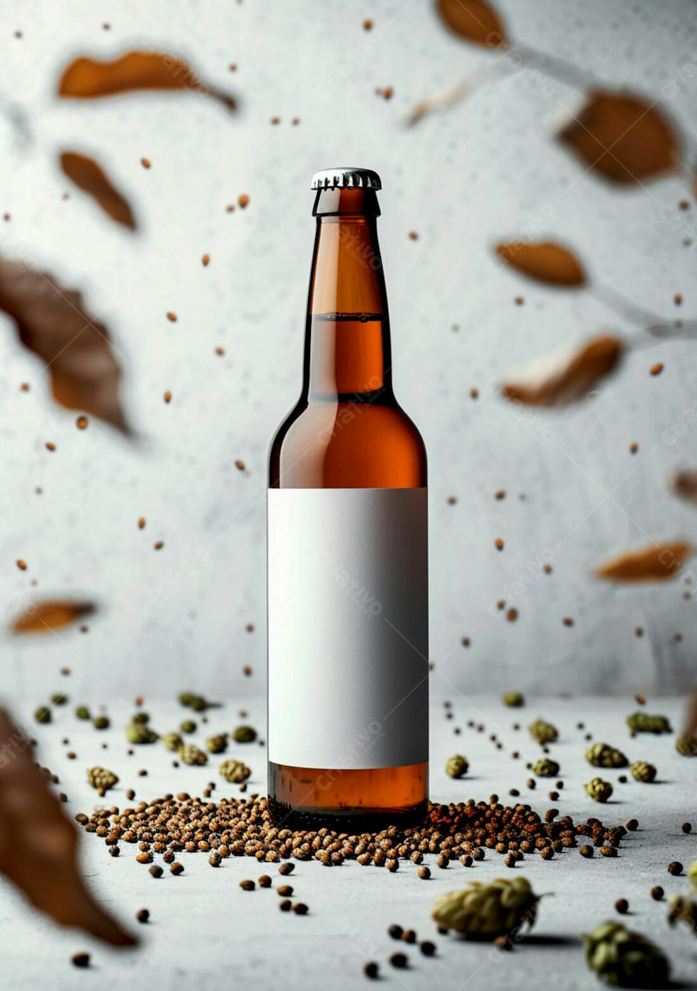 Garrafa De Cerveja Com Rótulo Branco Com Fundo De Lúpulo Seco 9
