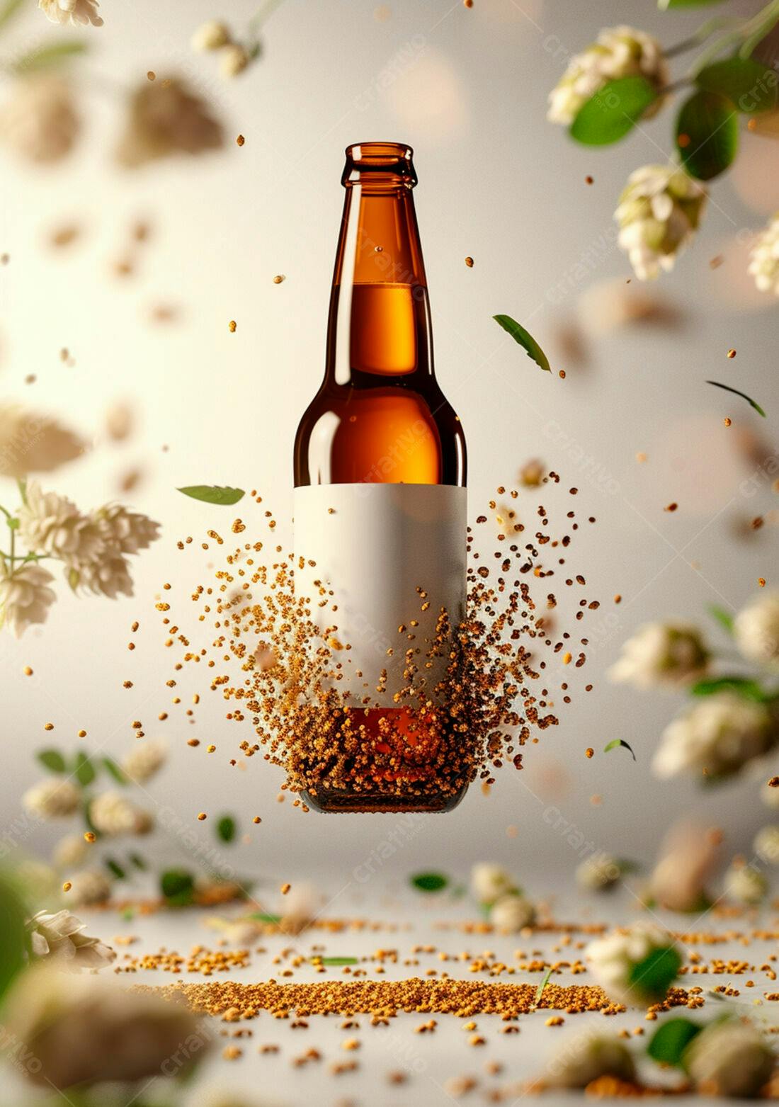 Garrafa de cerveja artesanal com lúpulo