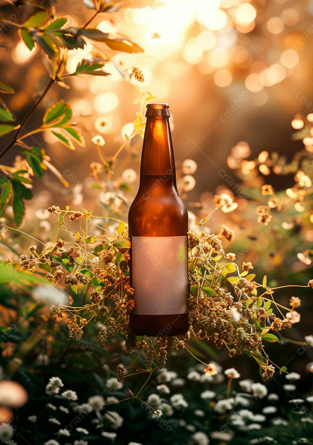 Garrafa de cerveja artesanal ao pôr do sol