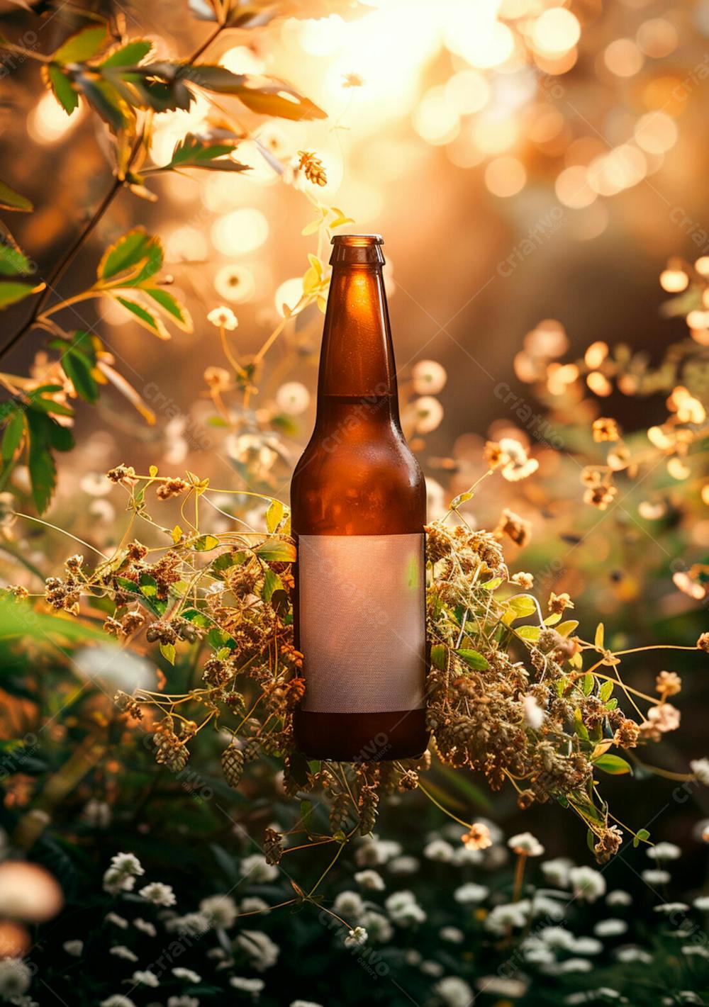 Garrafa De Cerveja Com Rótulo Branco Com Fundo De Lúpulo Seco 12