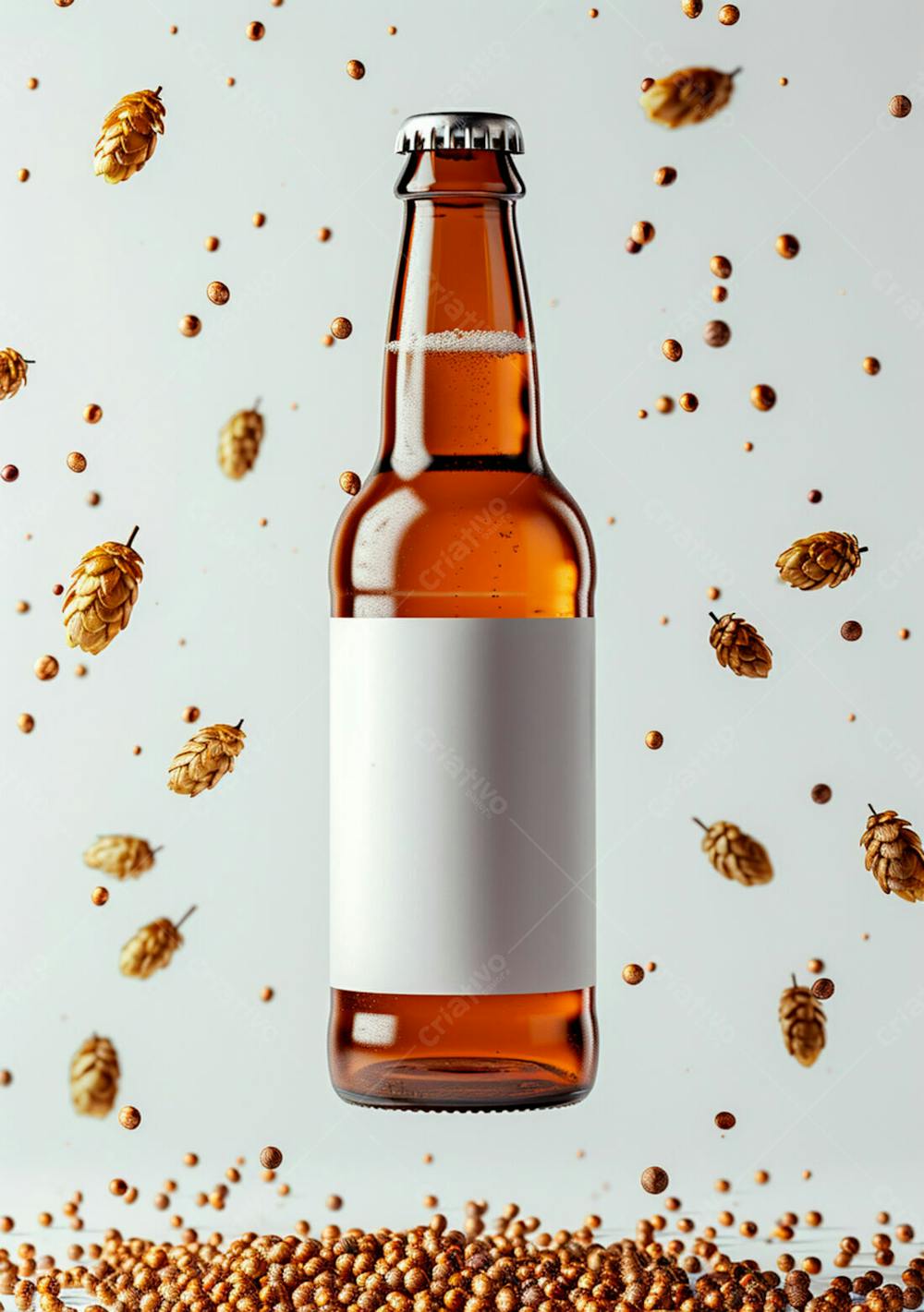 Garrafa De Cerveja Com Rótulo Branco Com Fundo De Lúpulo Seco 14