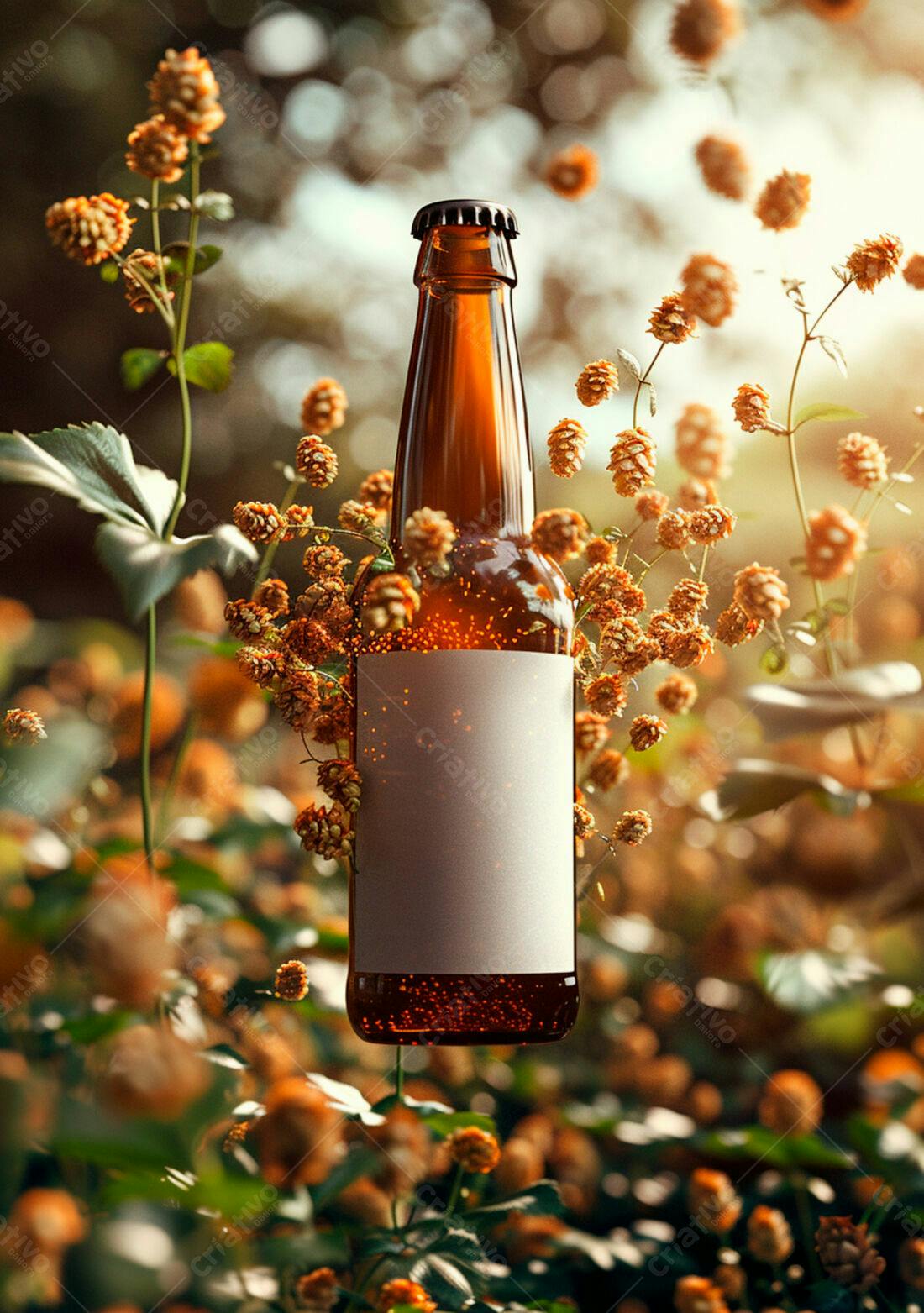 Garrafa de cerveja em meio a lúpulos