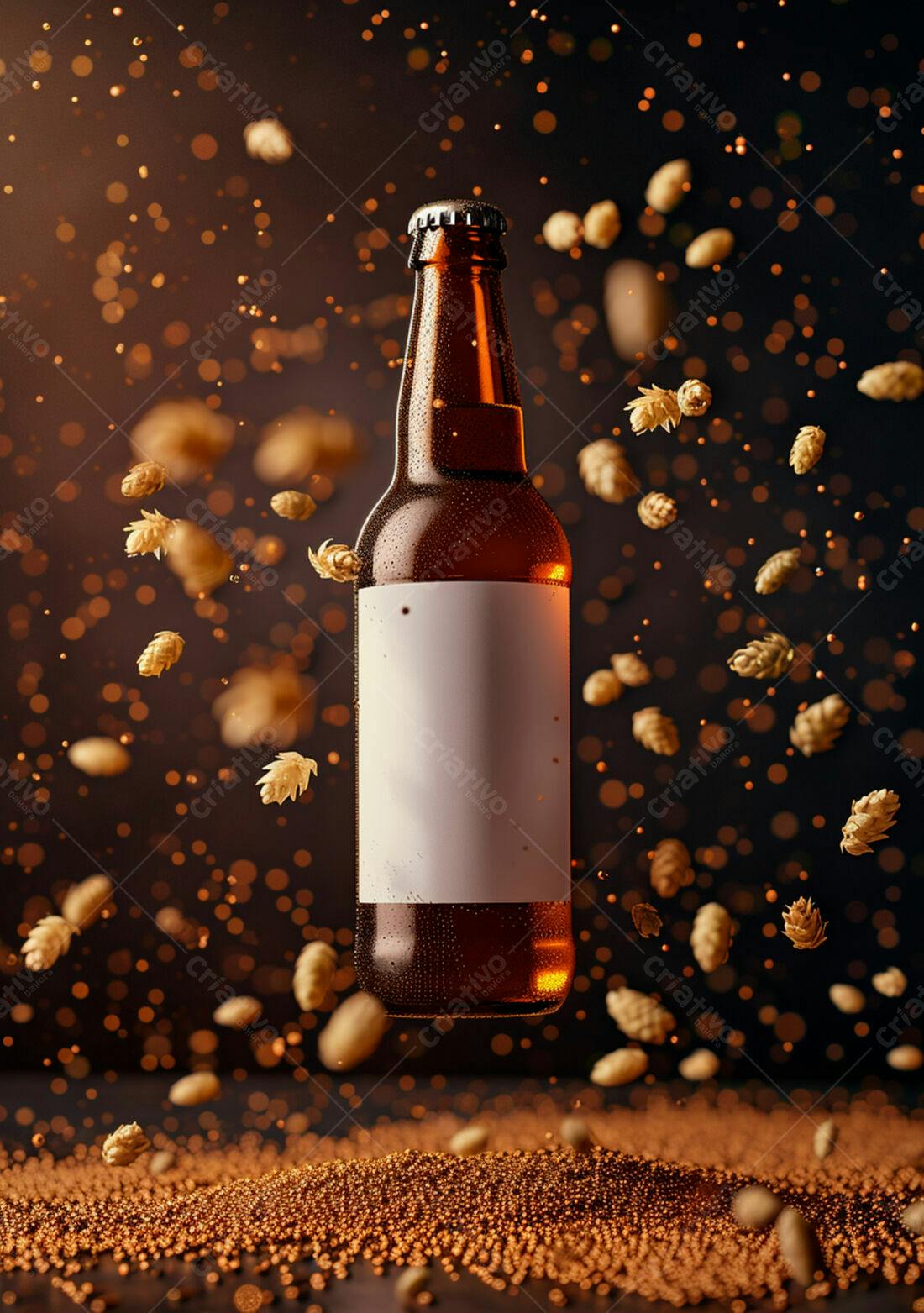 Garrafa de cerveja com lúpulo em queda