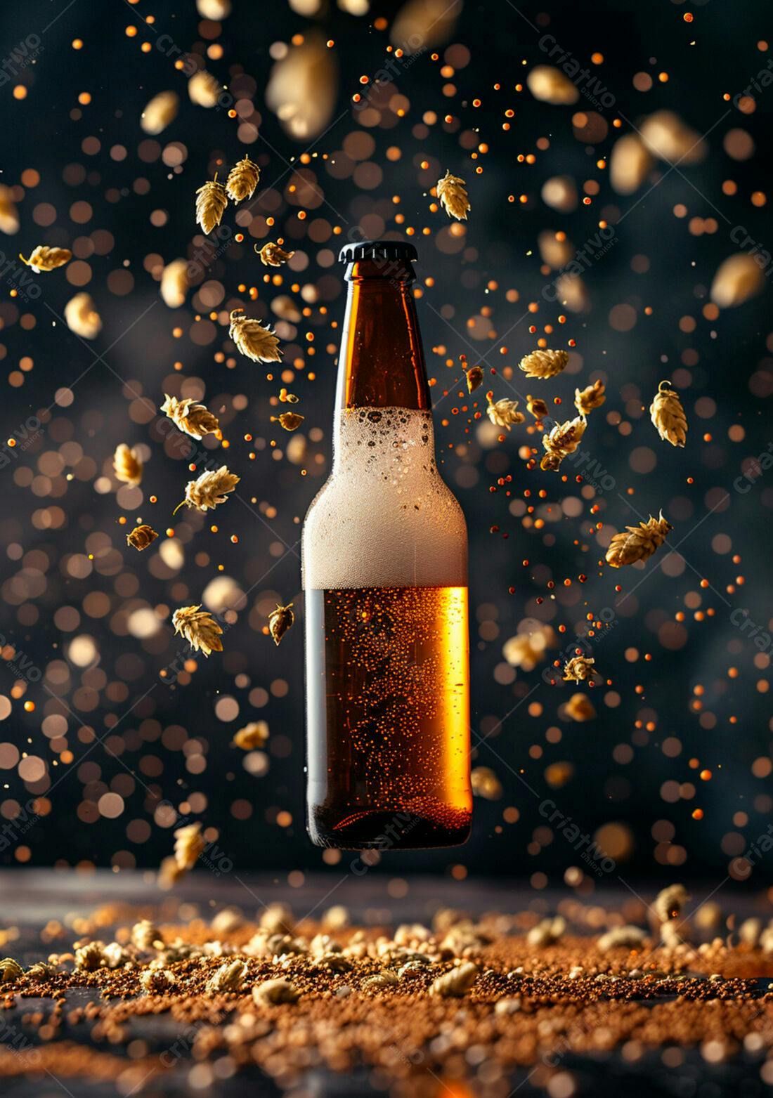 Garrafa de cerveja dourada com lúpulo