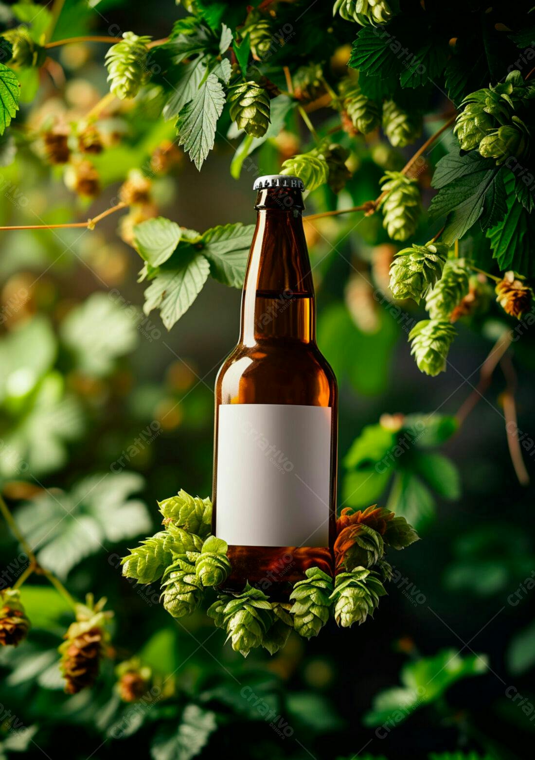 Garrafa de cerveja artesanal com lúpulo